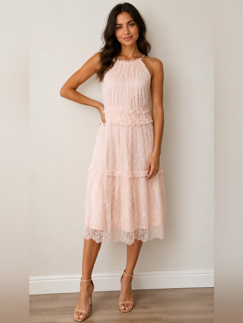 Calvin Klein Pale Blush Lace Halter Midi Dress